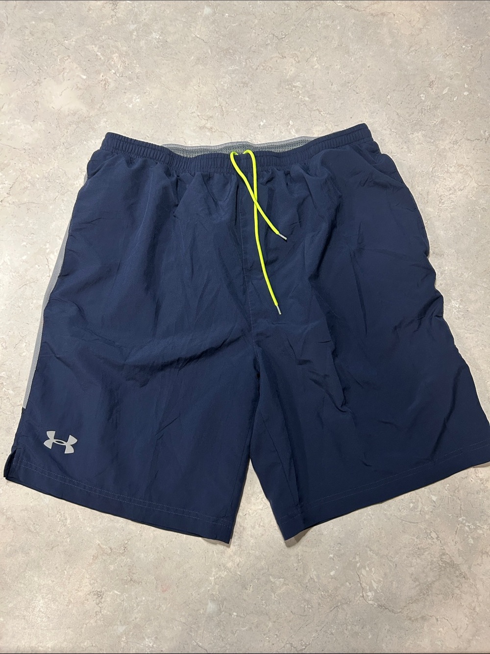 Under Armour Men's Navy Athletic Shorts with Neon Yellow Drawcord